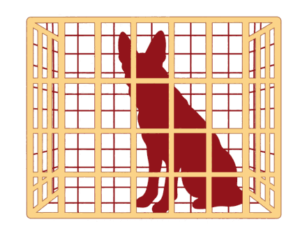 German shepherd behind a kennel gate